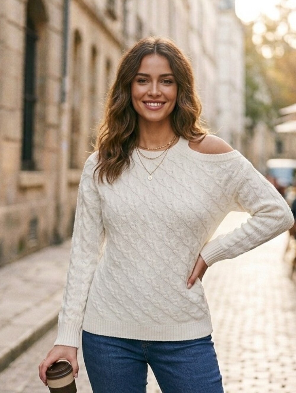 Mystree Cableknit Cream One Off Shoulder Sweater Womens Size Medium Cozy New